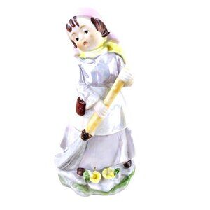 Vintage Morrison Porcelain Girl Figurine Sweeping with Broom Lusterware Finish